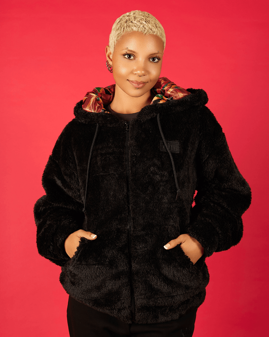 Black Kente Thick Teddy Satin Lined Zip Up Hoodie