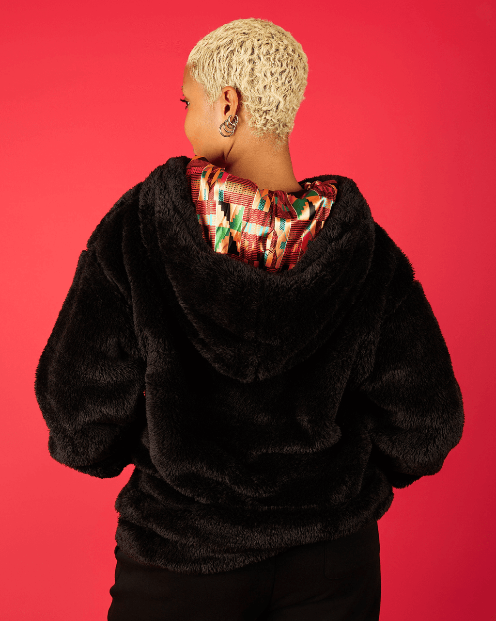 Black Kente Thick Teddy Satin Lined Zip Up Hoodie