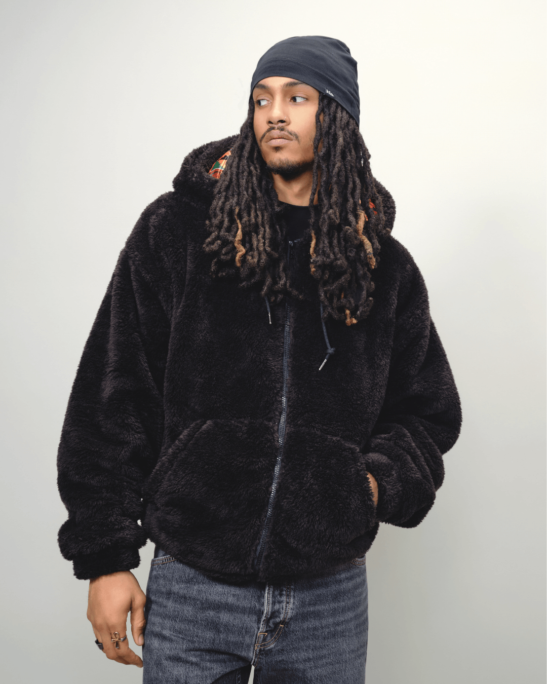 Black Kente Thick Teddy Satin Lined Zip Up Hoodie