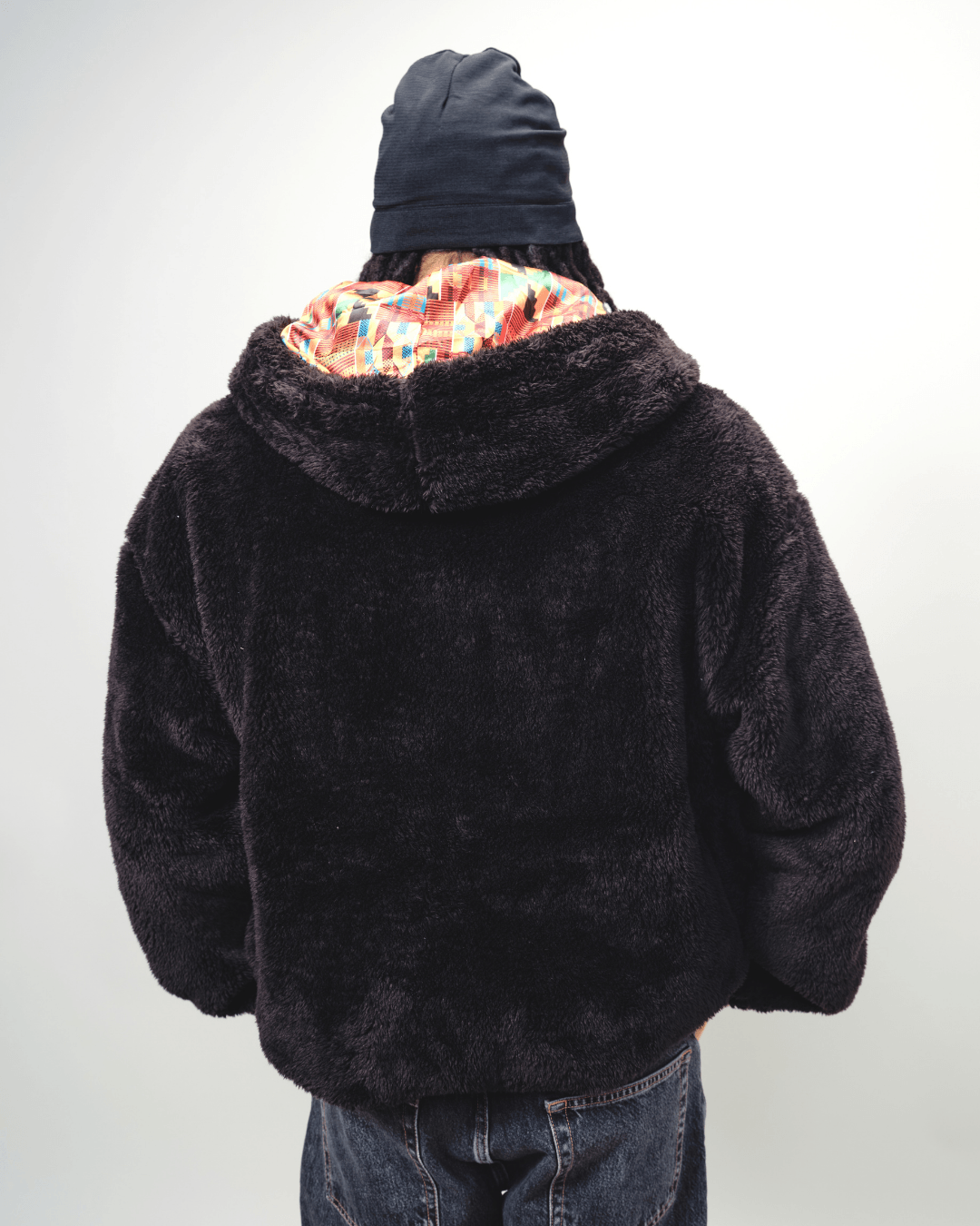 Black Kente Thick Teddy Satin Lined Zip Up Hoodie