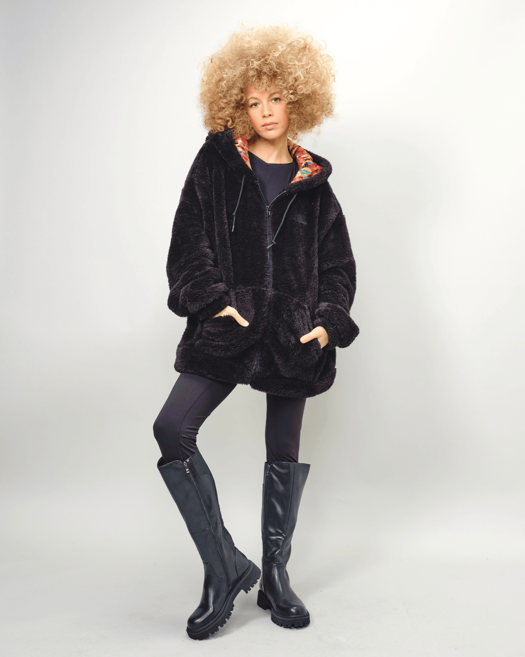 Black Kente Thick Teddy Satin Lined Zip Up Hoodie