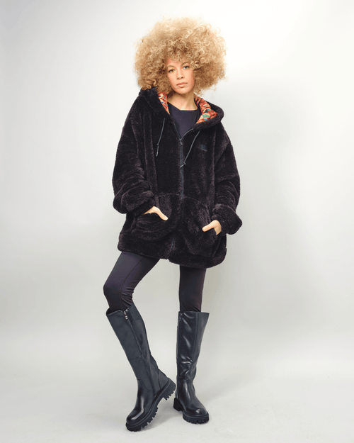 Black Kente Thick Teddy Satin Lined Zip Up Hoodie